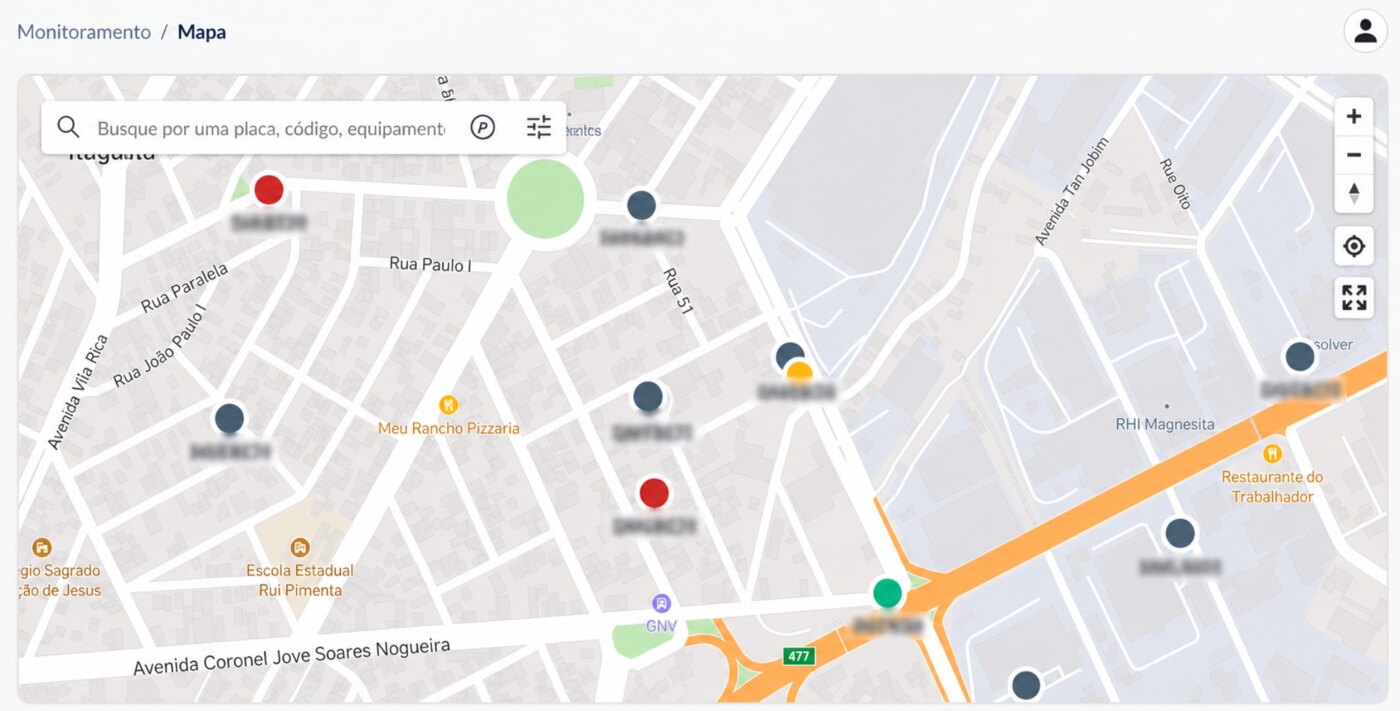 Mapa do sistema web Tracker Sul com veículos rastreados